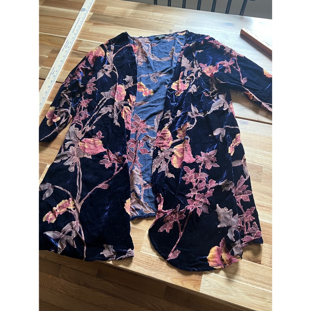 Michel Women Navy Blue Floral Burnout Velvet Kimono Cardigan witchy boho grunge